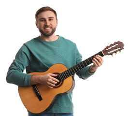 Music teacher playing guitar on white background