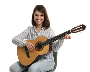 Music teacher playing guitar on white background