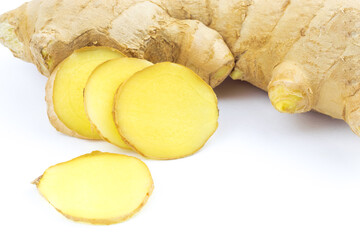 Naklejka na ściany i meble Ginger with slices isolated on a white background, bio healthy food