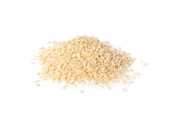 Pile of sesame seeds on white background