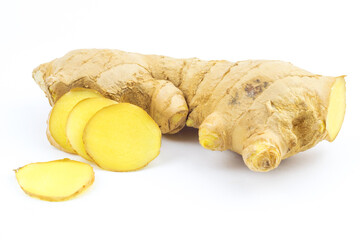 Ginger with slices isolated on a white background, bio healthy food