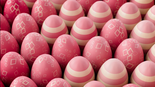 Multicolored, Easter Egg background. Beautiful Pink, and Cream Eggs with Striped and Diamond  patterns. 3D Render