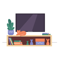 TV and a shelf with flowers, books, vases, and a cat. Living room in a flat style. Vector illustration.