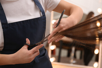 Stylist cutting hair of client in professional salon, closeup