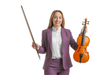 Woman with violin and bow on white background. Music teacher