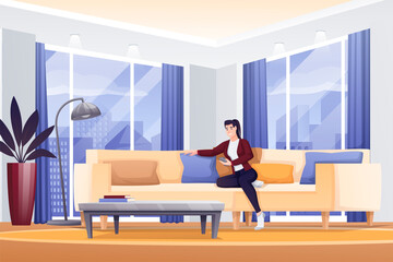 Girl relaxing in modern living room. Woman with phone sitting on sofa vector illustration. Interior design background for rest and recreation