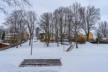 Typical street in city Viljandi Estonia in winter time