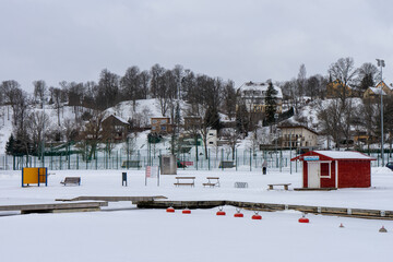 Typical street in city Viljandi Estonia in winter time