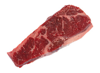 Overhead view of a raw beef loin boneless end cut strip steak isolated on a white background.