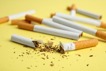 Broken and whole cigarettes on yellow background, closeup. Quitting smoking concept