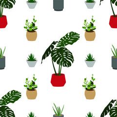 Vector seamless pattern. Flat illustration of home plants on a transparent background. Plants in colorful pots. Design for cards, posters, backgrounds, textiles, booklets, icons, backgrounds.