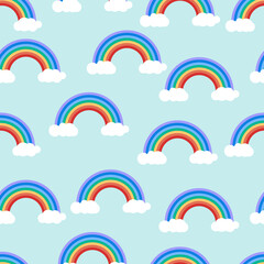 Seamless colorful rainbow and cloud pattern. Illustration background  in vector 