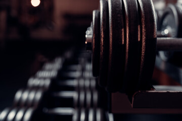 Obraz na płótnie Canvas metal dumbbells of various weights on a gym shelf
