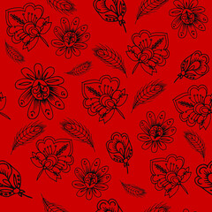 Black-white geometric seamless pattern and pattern with the image of flowers and leaves. Vegetable botanical design on a red background, for textiles, wallpapers, packaging.