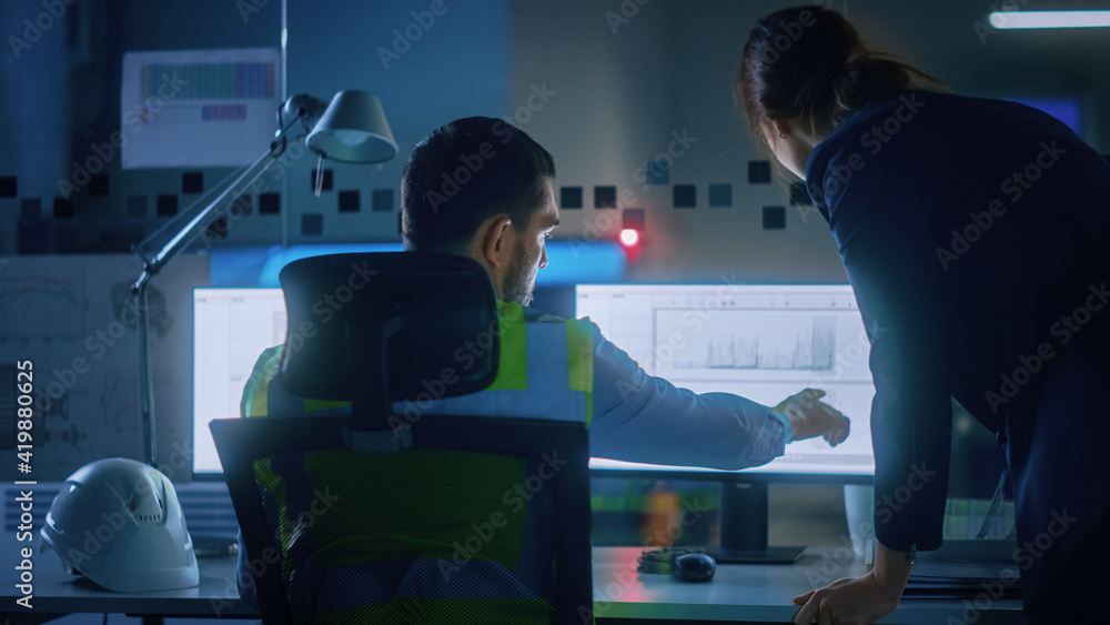 Aufkleber modern factory office: female project manager talks to a male industrial engineer who works on compu