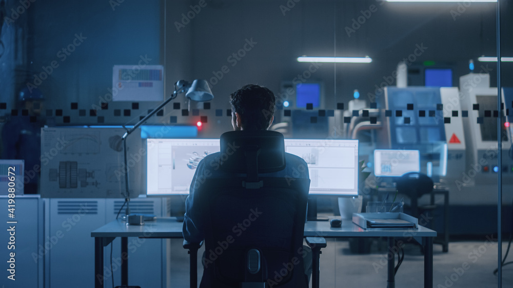 Aufkleber Industrial Engineer Solving Problems, Working on a Personal Computer, Two Monitor Screens Show CAD Software with 3D Prototype of Eco-Friendly Electric Engine Concept. Back View Shot