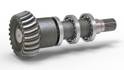 3D rendering of a bevel gear with ball bearings on the shaft