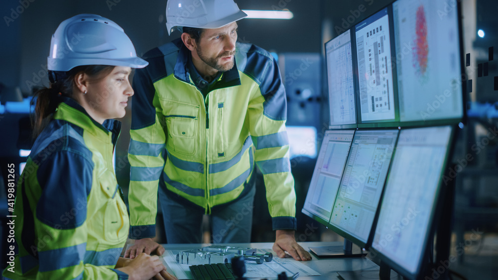 Poster Industry 4.0 Modern Factory: Project Engineer Talks to Female Operator who Controls Facility Production Line, Uses Computer with Screens Showing AI, Machine Learning Enhanced Assembly Process