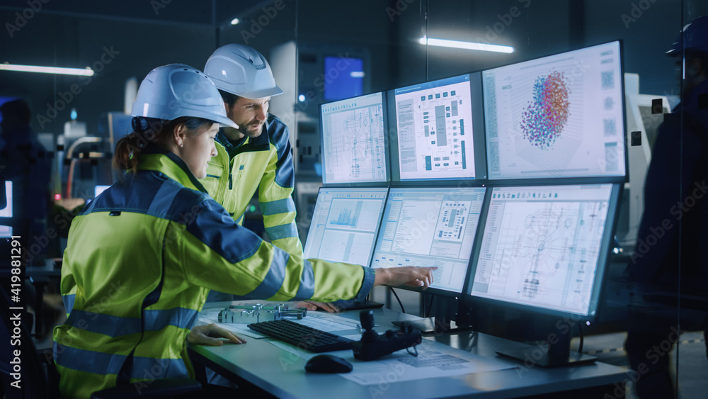 Poster Industry 4.0 Modern Factory: Project Engineer Talks to Female Operator who Controls Facility Production Line, Uses Computer with Screens Showing AI, Machine Learning Enhanced Assembly Process