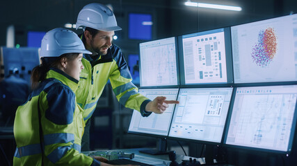 Industry 4.0 Modern Factory: Chief Project Manager Talks to Female Engineer, She Points at Computer...