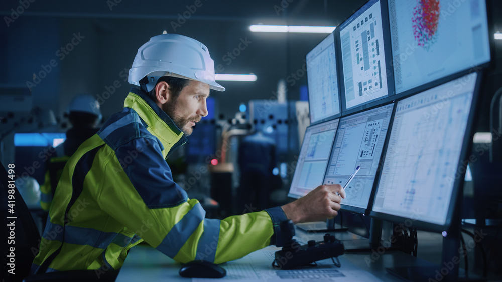 Poster Industry 4.0 Modern Factory: Facility Operator Controls Workshop Production Line, Uses Computer with Screens Showing Complex UI of Machine Operation Processes, Controllers, Machinery Blueprints