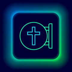 Glowing neon line Christian cross icon isolated on black background. Church cross. Colorful outline concept. Vector