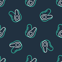 Line Avocado fruit icon isolated seamless pattern on black background. Vector