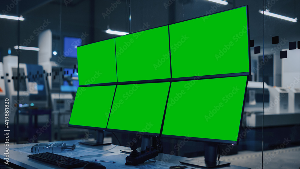 Leinwandbilder Industry 4.0 Modern Factory: Security Control Room with Multipoke Computer with 6 Screens Showing Green Screen Teplates, Great for Mock-up. High-Tech Security
