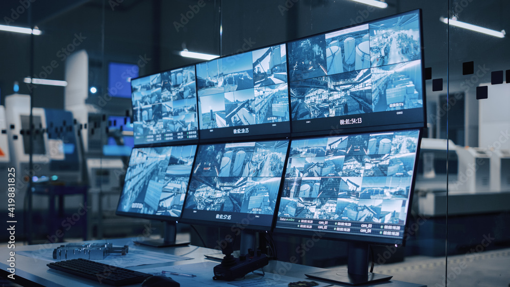 Poster Industry 4.0 Modern Factory: Security Control Room with Multipoke Computer Screens Showing Surveillance Camera Feed. High-Tech Security