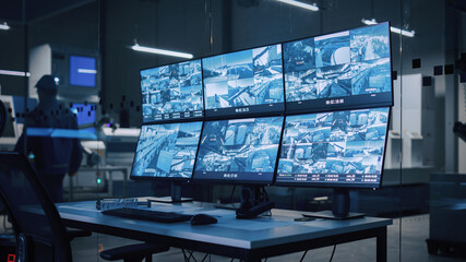 Industry 4.0 Modern Factory: Security Control Room with Multipoke Computer Screens Showing...