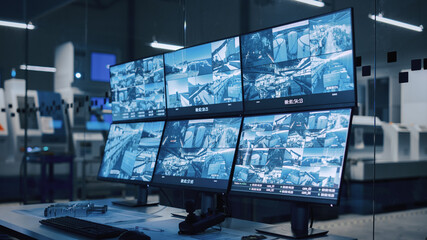 Industry 4.0 Modern Factory: Security Control Room with Multipoke Computer Screens Showing...
