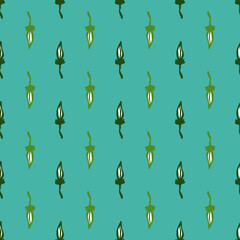Natural seamless pattern with abstract green leaves elements. Bright blue background. Simple style.