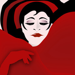 A woman wears a red and black outfit in a beauty and fashion illustration.