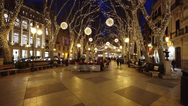 SPAIN, PALMA DE MALLORCA, 2019 DEC 19; Mallorca, Palma de Mallorca, La Rambla, Paseo Born, with Christmas lights,
