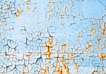 Fototapeta na wymiar Bright textured weathered grunge background for your design. Rusty metal surface cracked with peeling old blue and red paint.