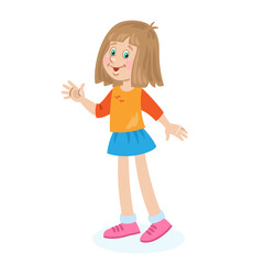 Cute girl waving hand in greeting. In cartoon style. Isolated on white background. Vector flat illustration.