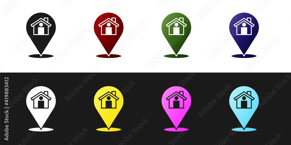 Poster set map pointer with house icon isolated on black and white background. home location marker symbol.