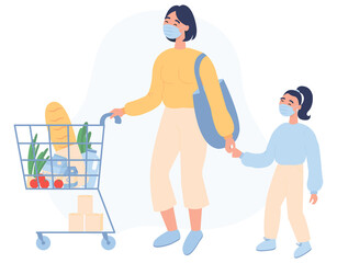 A woman with her daughter in face masks with full of food shopping trolley. Shopping while quarantine