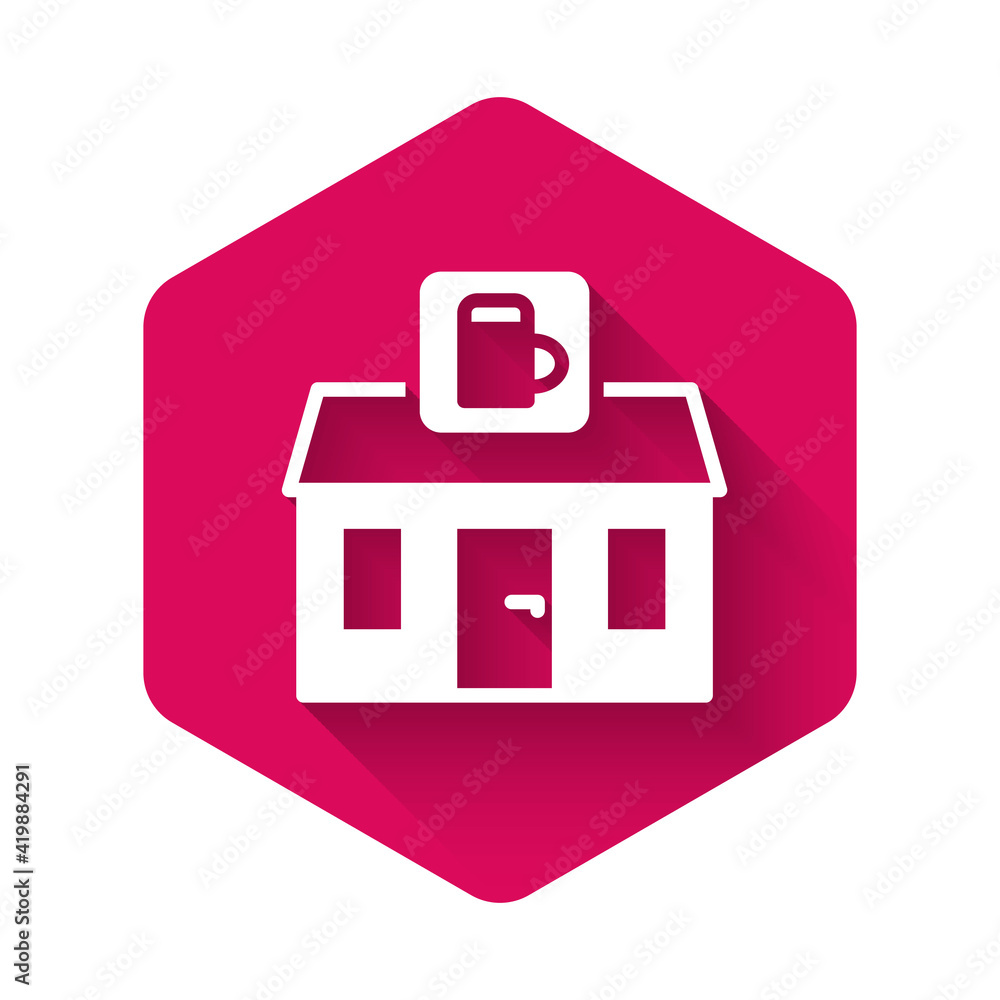 Poster white store building of beer shop icon isolated with long shadow background. brewery sign. pink hexa