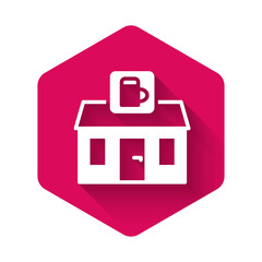 White Store building of beer shop icon isolated with long shadow background. Brewery sign. Pink hexagon button. Vector