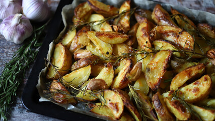Appetizing baked potato wedges. Country-style potatoes on a baking sheet. Potatoes with herbs and garlic.
