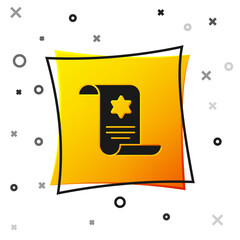 Black Torah scroll icon isolated on white background. Jewish Torah in expanded form. Star of David symbol. Old parchment scroll. Yellow square button. Vector