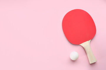 Ping pong racket and ball on pink background, flat lay. Space for text