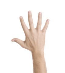 Man showing pale hand on white background, closeup. Anemia symptom