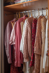 Pink wardrobe. Lots of delicate light summer clothes on hangers in the closet..Decluttering