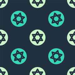 Green and beige Star of David icon isolated seamless pattern on blue background. Jewish religion symbol. Symbol of Israel. Vector