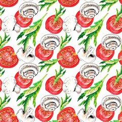 Vegetable background, seamless pattern of tomatoes, mushrooms and arugula . Watercolor hand drawing