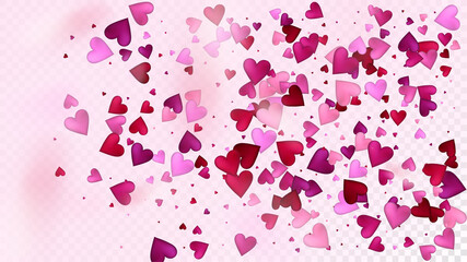 Falling Hearts Vector Confetti. Valentines Day Tender Pattern. Beautiful Pink Sparkles Valentines Day Decoration with Falling Down Hearts Confetti. Elegant Gift, Birthday Card, Poster Background