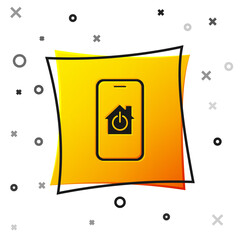 Black Mobile phone with smart home icon isolated on white background. Remote control. Yellow square button. Vector