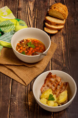 Lentil, beans and chickpeas soup with soda bread and baked potato